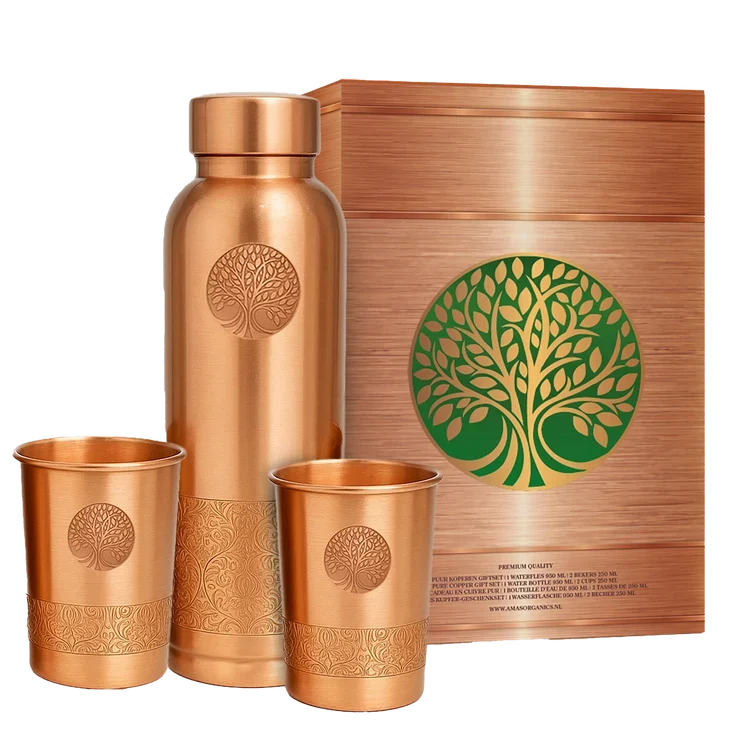 Luxe Koperen Cadeauset - Drinkfles 950 ml & Bekers &ndash; 100% Zuiver Ayurvedisch Koper (950ml) | RedBlad