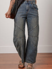 Sail Blue freiliegende Nähte, locker, gerade, hoch taille Barrel Jeans - Miniatuur