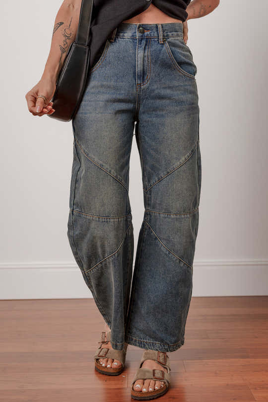 Sail Blue freiliegende Nähte, locker, gerade, hoch taille Barrel Jeans