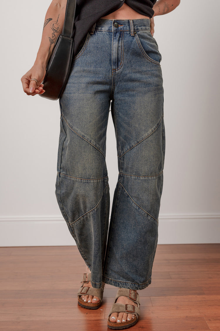 Coutures apparentes Bleu voile Jeans à taille haute droite et lâches - Damesmode