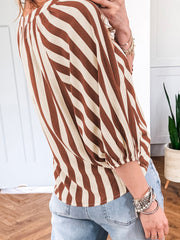 Brown Stripe V Neck Half Sleeve Casual Blouse - Miniatuur