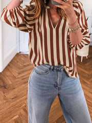 Brown Stripe V Neck Half Sleeve Casual Blouse - Miniatuur
