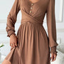 Shirred Cuff Long Sleeve Button Round Neck Mini Dress