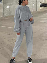 Grå Solid Drop Shoulder hoodie och joggers träningsklädesset - Miniatuur