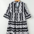 Black Geometric Print V Neck Ruffled Dress - Damesmode Afbeelding 5 - Foto 5