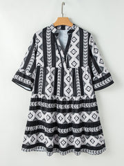 Black Geometric Print V Neck Ruffled Dress - Damesmode Afbeelding 5 - Miniatuur