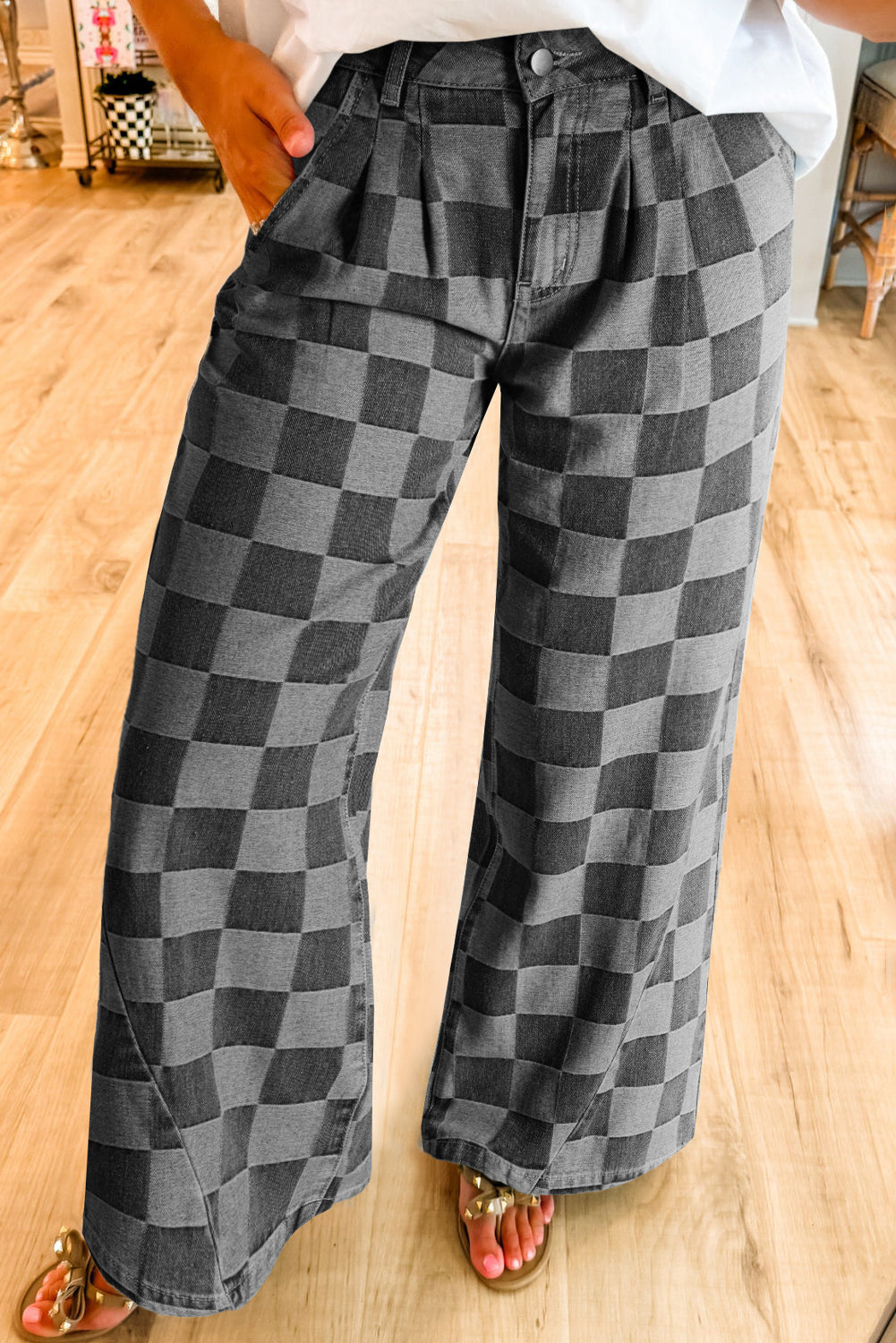 Jeans a quadri blu crepuscolo a gamba larga