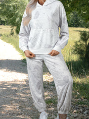 Light Grey Abstract Print Loose Drop Sleeve Hoodie Elastic Waistband 2pcs Pant Set - Miniatuur