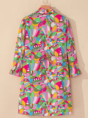 Pink Abstract Printed Lantern Sleeve Buttoned Mini Dress - Miniatuur