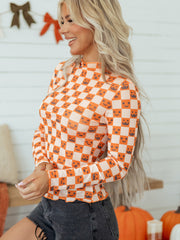 Orange Abstract Halloween Pattern Long Sleeve Stand Neck Shift Blouse - Miniatuur