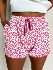 Pink Leopard Elastic Waistband Lace up Contrast Trim Casual Shorts - Miniatuur