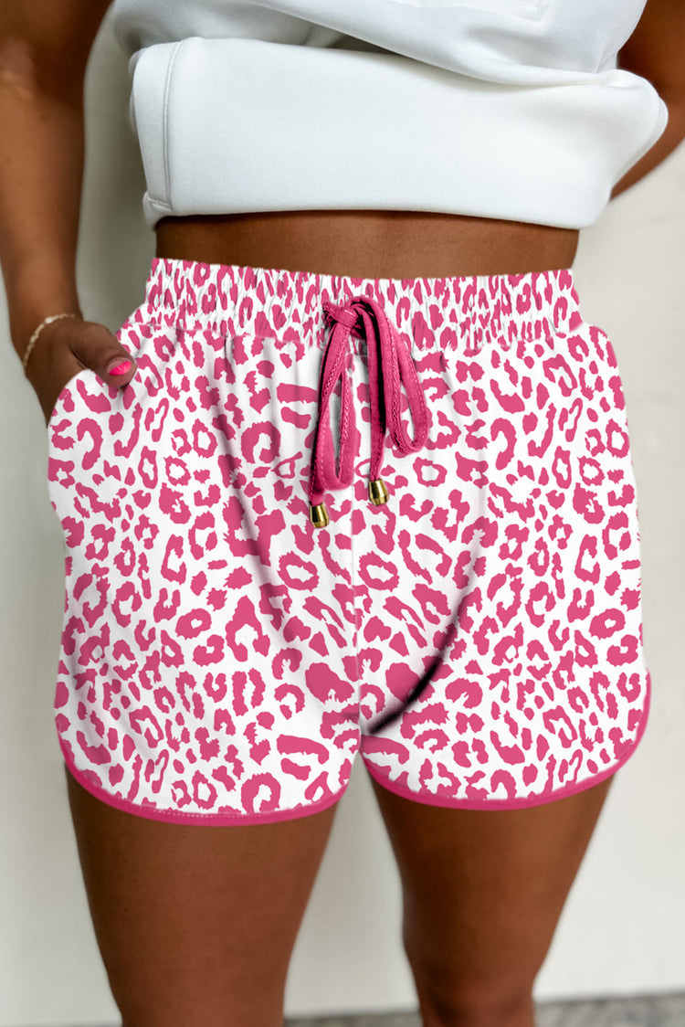 Rosa Leopard Elastesch Tailleband Schnürung Kontrast Trim Casual Shorts - Damesmode