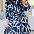 Blue Abstract Geometric Print Zip Front Tie Waist Shift Dress - Damesmode Afbeelding 4 - Foto 4