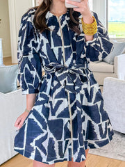 Vestido de cambio de cintura con cierre y cierre con estampado geométrico abstracto azul - Damesmode Afbeelding 4 - Miniatuur