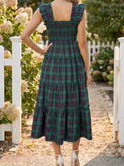 Green Plaid Ruffle Sleeveless Shirred Bodice Tiered Midi Dress - Miniatuur