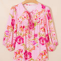 Rosa Blummenprint Krawatt-Hals-Blus mat Puff-Halw-Ärmel Blus - Foto 4