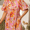 Pink Striped Floral Print Tie Neck Puff Sleeve Loose Mini Dress - Foto 1