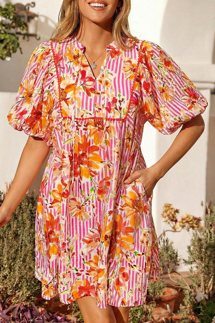 Pink Striped Floral Print Tie Neck Puff Sleeve Loose Mini Dress - Damesmode