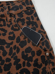 Vaqueros de barril, estampado de leopardo con costura marrón transparente y detalle de costura transparente - Damesmode Afbeelding 8 - Miniatuur