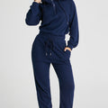 Marineblaues Rippen-Strick-Hoodie-Set mit Kordelzug und Joggerhose mit Kordelzug - Foto 4