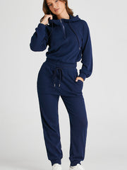 Ensemble de sweat à capuche courte en maille côtelée bleu marine et pantalons de jogging à cordon - Miniatuur