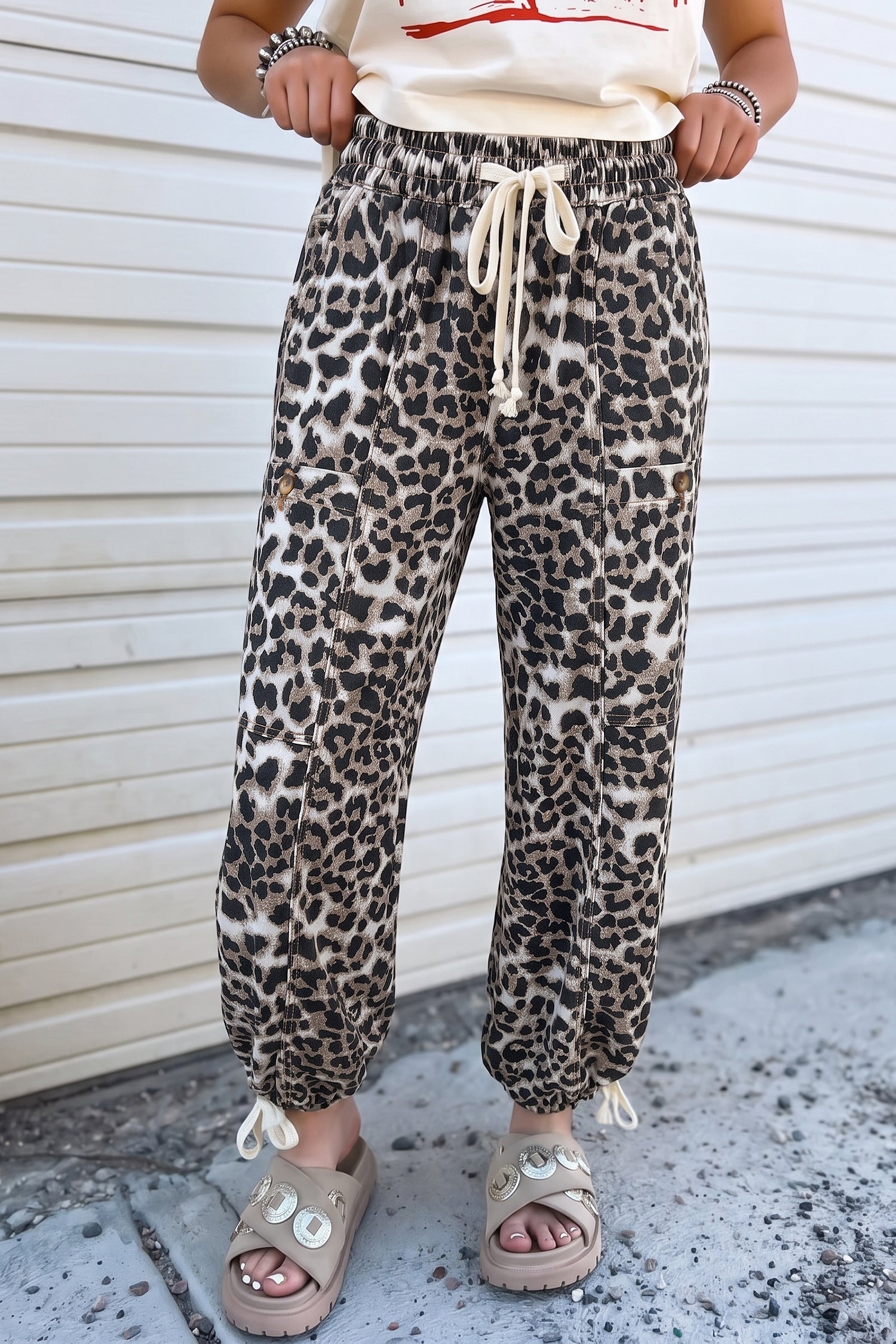 Black Leopard Print Drawstring Jogger Jeans - Women's Fashion Image 1