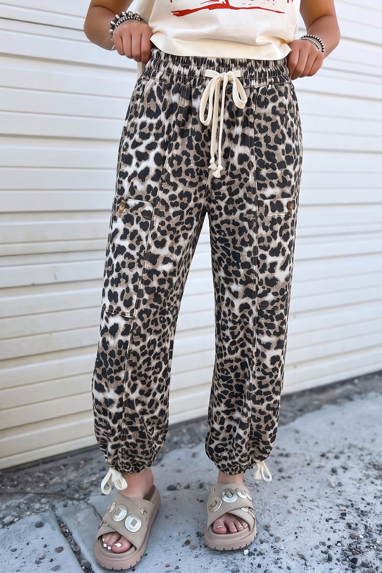 Black Leopard Print Drawstring Jogger Jeans - Damesmode Afbeelding 1 - Damesmode