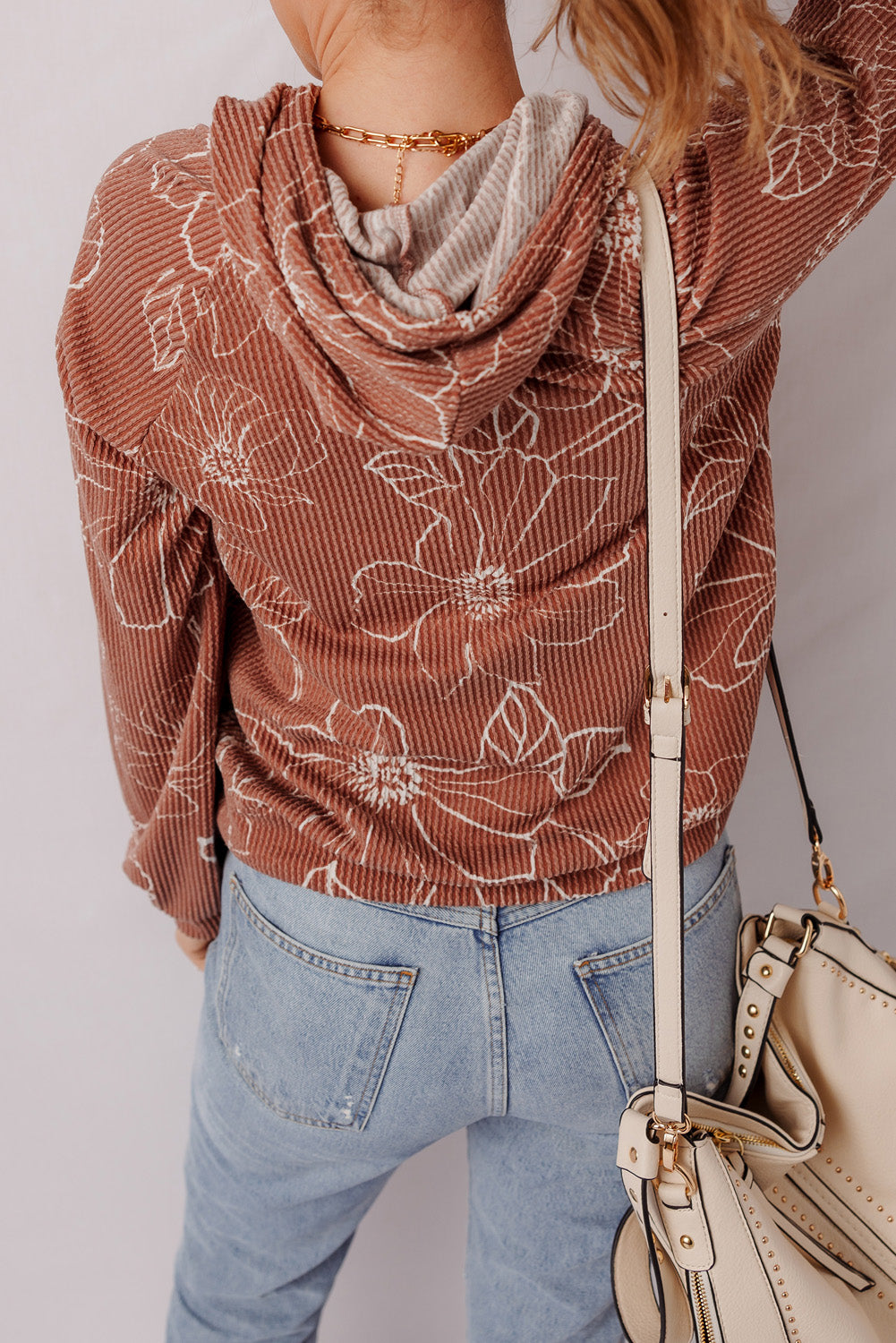 Brown Floral Twisted Rib Drawstring Kangaroo Pocket Hoodie - Damesmode Afbeelding 2
