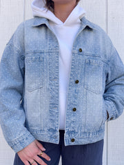 Sky Blue Polka Dot Long Sleeve Collar Pocket Casual Shift Silhouette Denim Jacket - Miniatuur