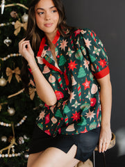 Green Christmas Fashion Print Contrast Trim Frilled Neck Short Sleeve Blouse - Miniatuur