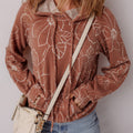 Brown Floral Twisted Rib Drawstring Kangaroo Pocket Hoodie - Damesmode Afbeelding 6 - Foto 6