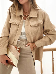 Helles französisch-beige Solid Rüschen-Taschen-Button-Up Cord-Shacket - Miniatuur