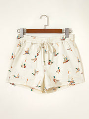 Beige Wild Duck Mallard Printed with Drawstring Denim Shorts - Miniatuur