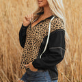 Brown Leopard Patchwork Contrast Stitching Knotted Cuff Quarter Zip Hoodie - Damesmode Afbeelding 3 - Foto 3