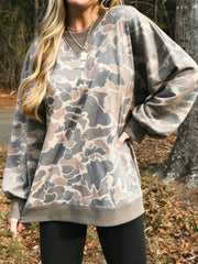 Multicolour Camo Print Ribbed Trim Casual Pullover Sweatshirt - Miniatuur
