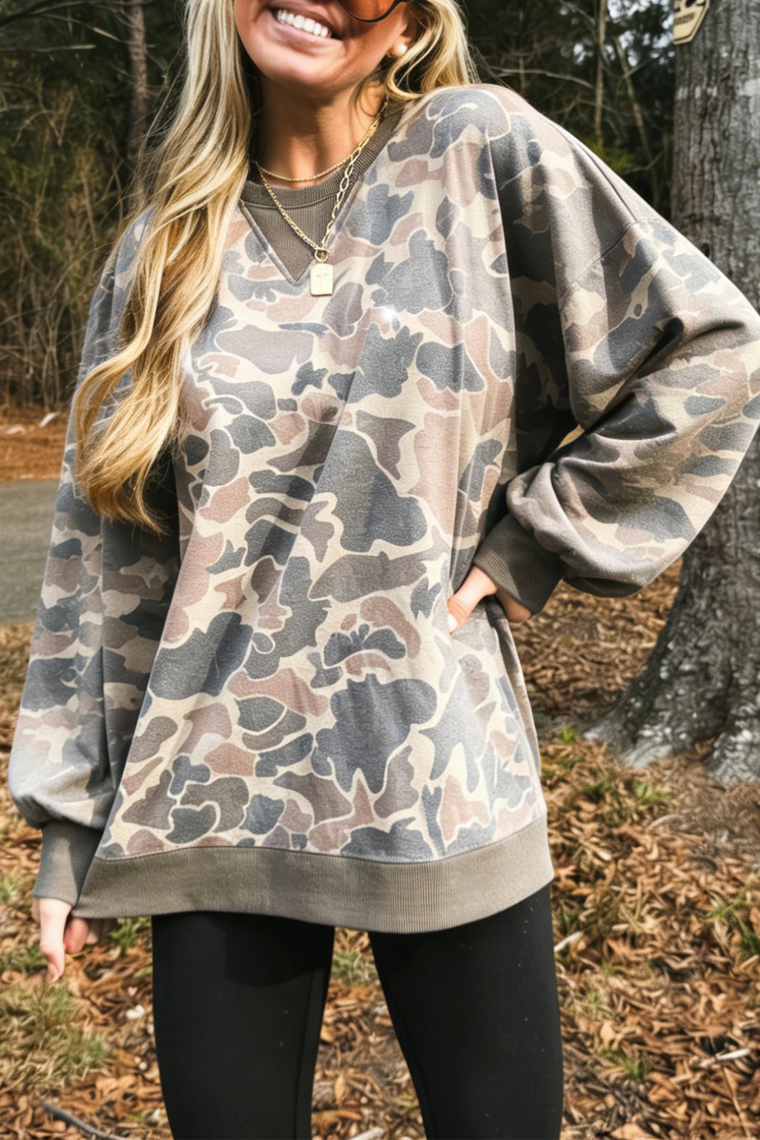 Mehrfarbiger Tarnmuster mit geripptem Trim legerer Pullover-Pullover