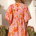 Pink Striped Floral Print Tie Neck Puff Sleeve Loose Mini Dress - Foto 4