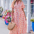 Pink Polka Dot Printed Ruffle Short Sleeve Zip Up Long Dress - Foto 1