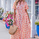 Roze Stippenpatroon Printed met Ruches met Korte Mouwen Zip Up Lange Maxi-Jurk