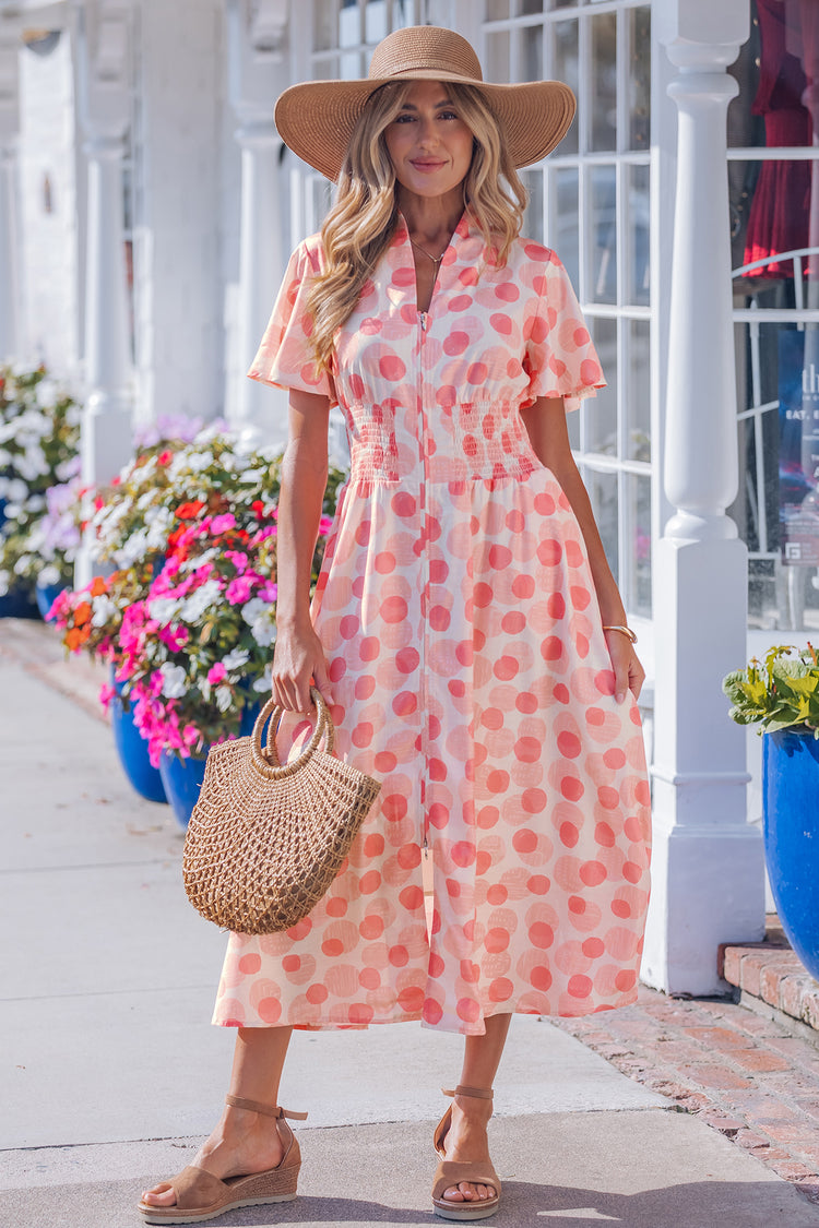 Pink Polka Dot Printed Ruffle Short Sleeve Zip Up Long Dress - Damesmode