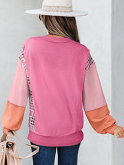 Aruba Blau Kordeltextur Farbblock-Patchwork-Split-Neck-Oberteil mit langen Ärmeln – Damesmode Afbeelding 5 - Miniatuur