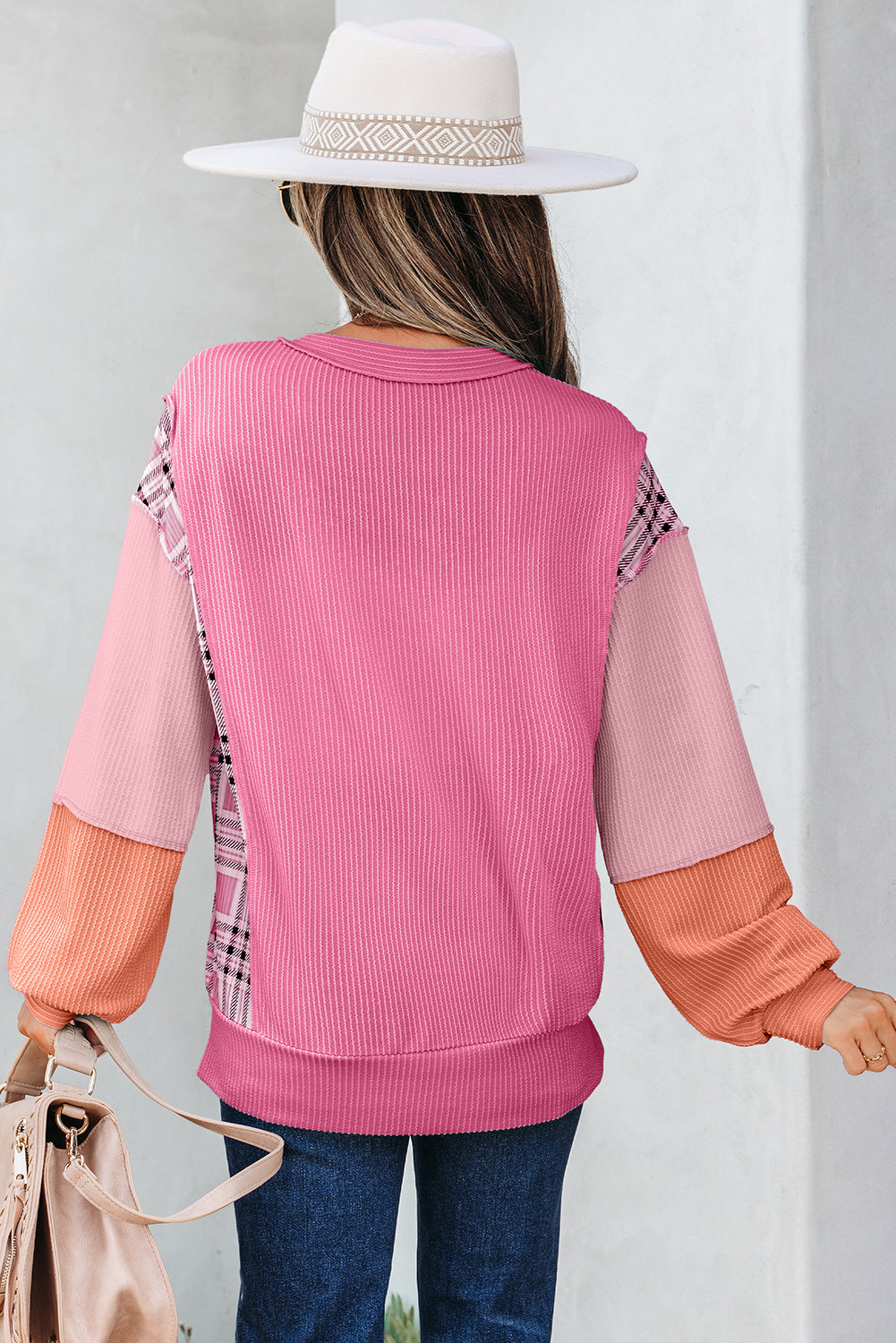 Aruba Blue Corded Texture Colorblock Patchwork Split Neck Long Sleeve Top - Damesmode Afbeelding 5