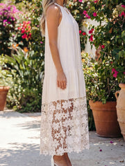 Beige Sheer Hollowed Floral Lace Hem Patchwork Loose Halter Summer Dress - Damesmode Afbeelding 2 - Miniatuur
