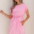 Bonbon Cuffed Short Sleeve Mix Fabric Patchwork Drawstring Mini Dress - Damesmode Afbeelding 3 - Foto 3