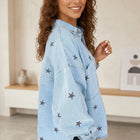 Sky Blue Stars Pattern Long Sleeve Shirt Collar Denim Jacket - Thumbnail