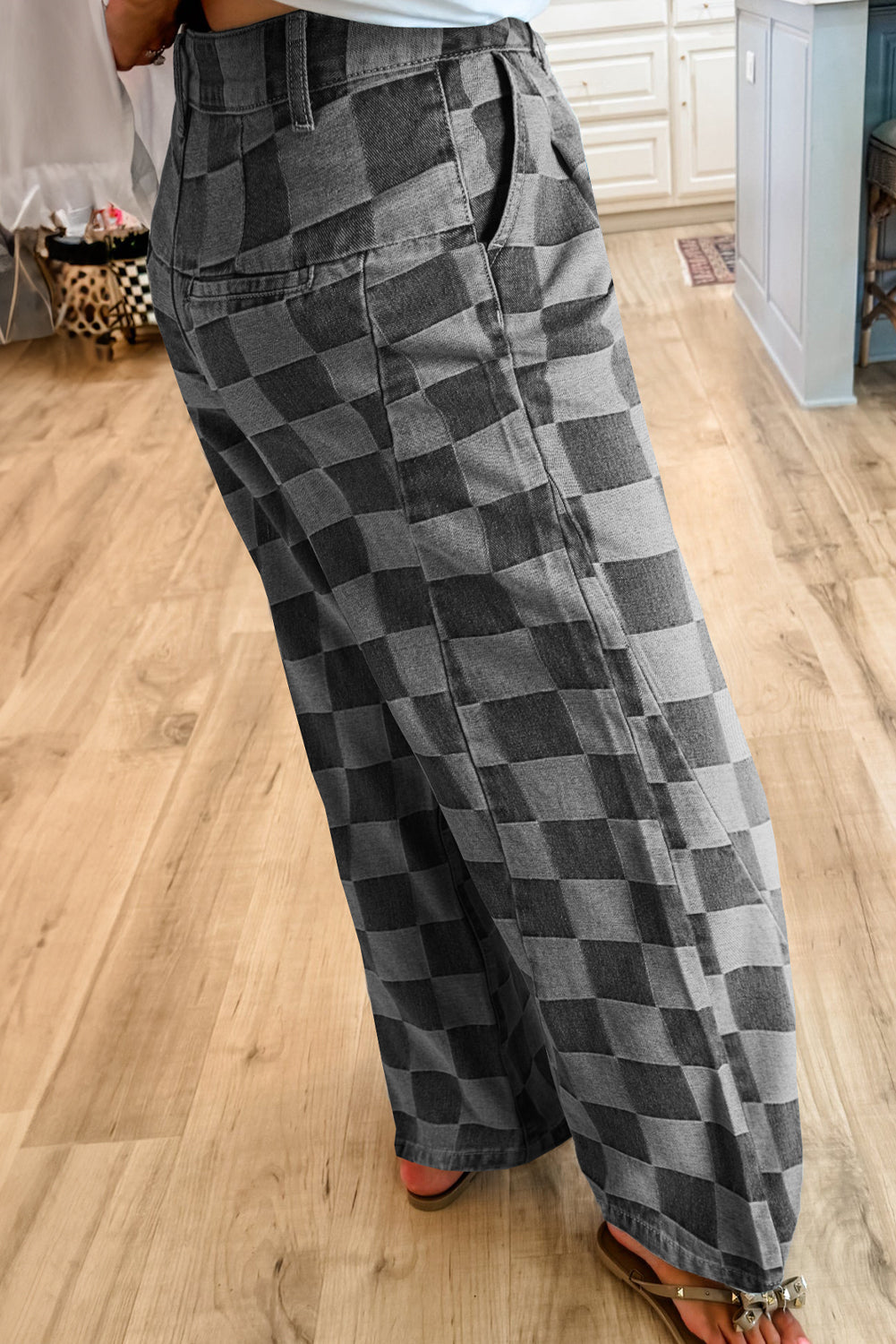 Jeans a quadri blu crepuscolo a gamba larga