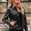 Black Faux Leather Buttoned Front Boxy Jacket - Damesmode Afbeelding 4 - Foto 4