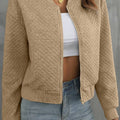 Pale Khaki, einfarbige, geometrische strukturierte Baseballkragenjacke - Foto 6