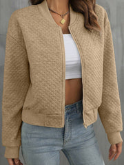 Pale Khaki Solid Geometrësch Texturéiert Baseball-Kragenjackett - Miniatuur