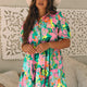 Groen Gebloemde Puff Sleeve Collar Knooped Babydoll Jurk